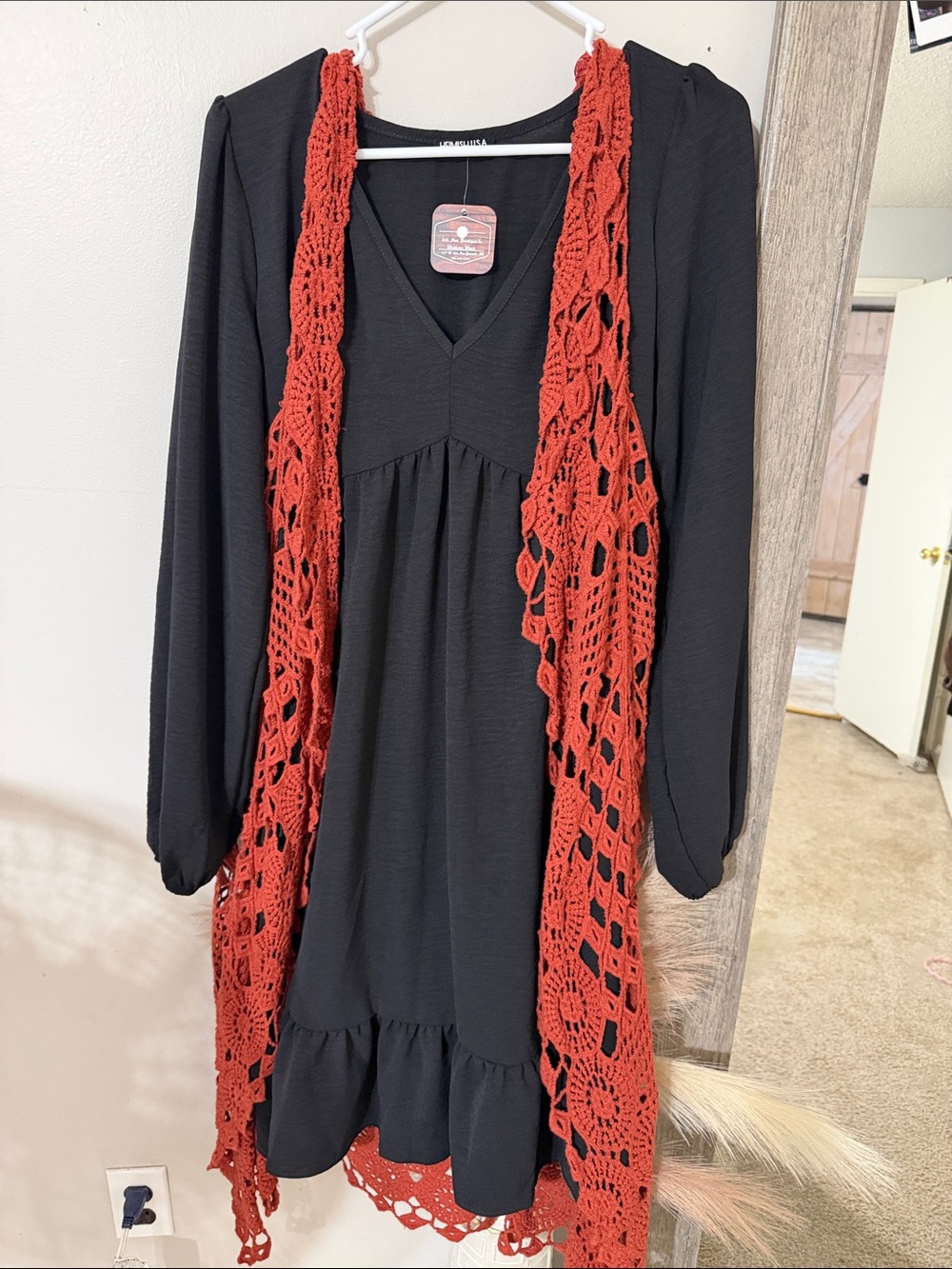 HEIMISH USA Black Long-Sleeve Dress with Rust Crochet Vest
